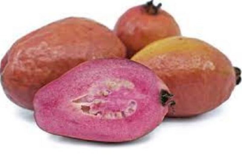 Beet root guava fruit on white surface